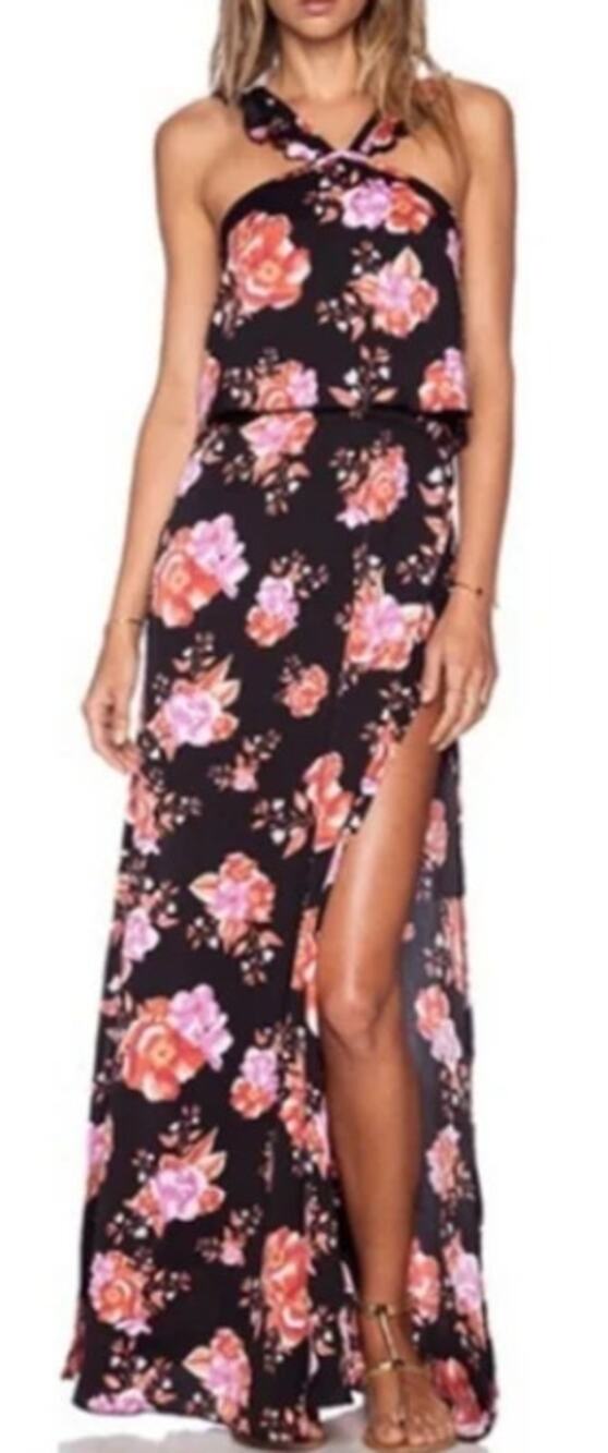 Tularosa Santorini Maxi Dress Women's Med Black Pink Floral Sleeveless Halter